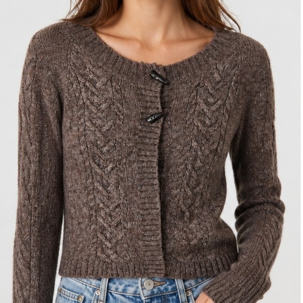 H & M L.O.G.G. Wool Alpaca Two Button Brown Cable Knit Cardigan Sweater Size XL
